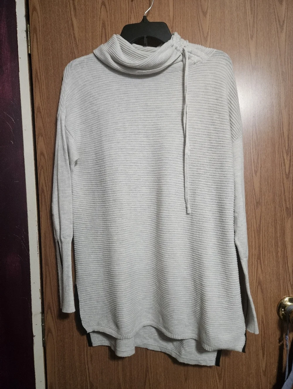 Cynthia Rowley Active Sweater Small Funnel Neck Pullover Ribbed Gray Drawstring!